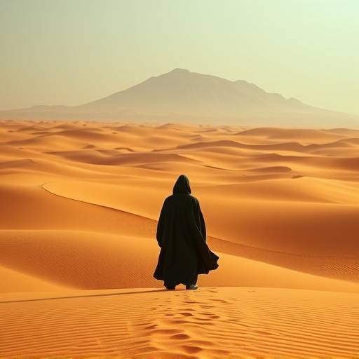 A lone robed figure stands silhouetted against a vast, minimalist desert landscape with flowing sand dunes and a bright, distant mountain. The color palette is warm and muted, emphasizing scale and solitude.