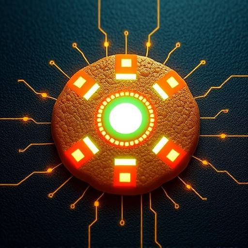 A stylized, glowing digital icon representing a cookie with circuits and pixels integrated into its design, set against a dark, textured background.