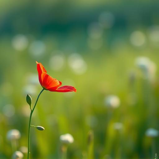 A vibrant red flower petal floats gently through a serene, impressionistic field of soft greens and blues. The scene is characterized by soft lighting and an absence of hard edges.