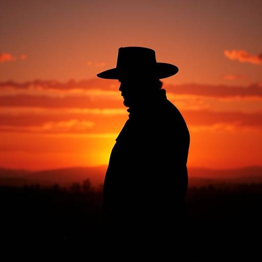 A wide shot from Red Dead Redemption 2 showing Arthur Morgan silhouetted against a breathtaking, hyper-realistic sunset over a rugged Western landscape. The lighting and atmospheric effects are deeply immersive and evoke a sense of melancholy and freedom.