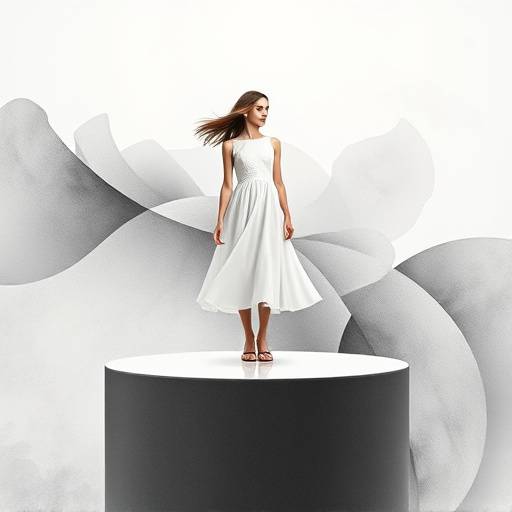 A young girl in a flowing white dress stands on a stark, minimalist platform against a backdrop of subtle, swirling watercolors and geometric shapes in soft greys and blacks.
