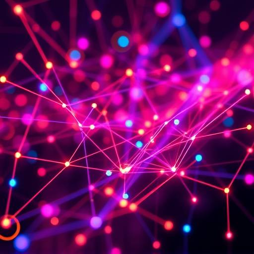 An abstract visualization of data flow, showing interconnected nodes and lines in vibrant neon colors, symbolizing information being processed and transmitted across a digital network.