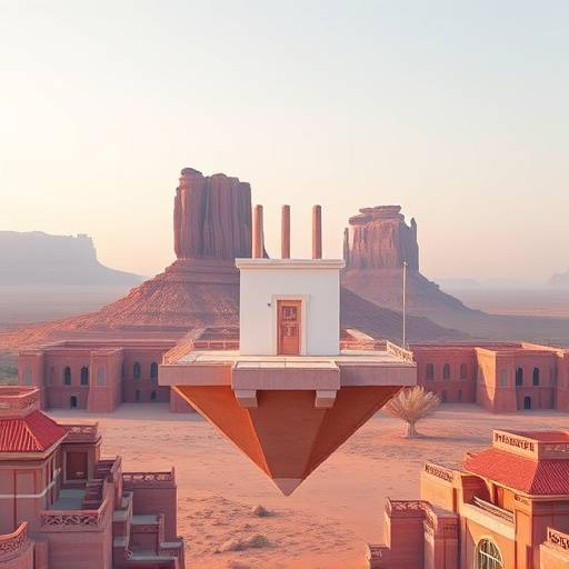 An impossible architectural structure from Monument Valley, featuring clean, geometric shapes and pastel colors. The player character stands on a floating platform, highlighting the game's surreal and serene aesthetic.