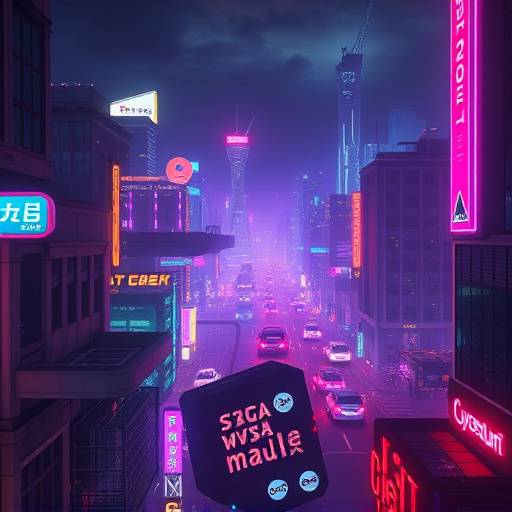 Screenshot from Cyberpunk 2077, depicting the vibrant and complex neon-lit cityscape of Night City, with highly detailed models and advanced lighting effects.