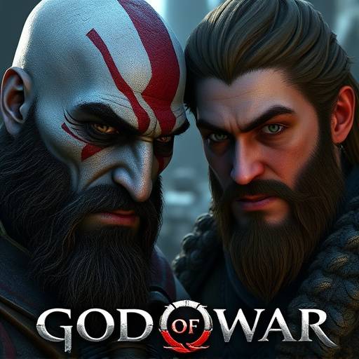 Screenshot from God of War (2018), showing Kratos and Atreus with highly detailed character models and expressive facial animations in a Norse-inspired environment.