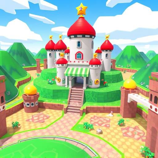 Screenshot of Super Mario 64, showing Mario in a polygonal 3D environment on Peach's Castle grounds, featuring blocky character models and textured surfaces.